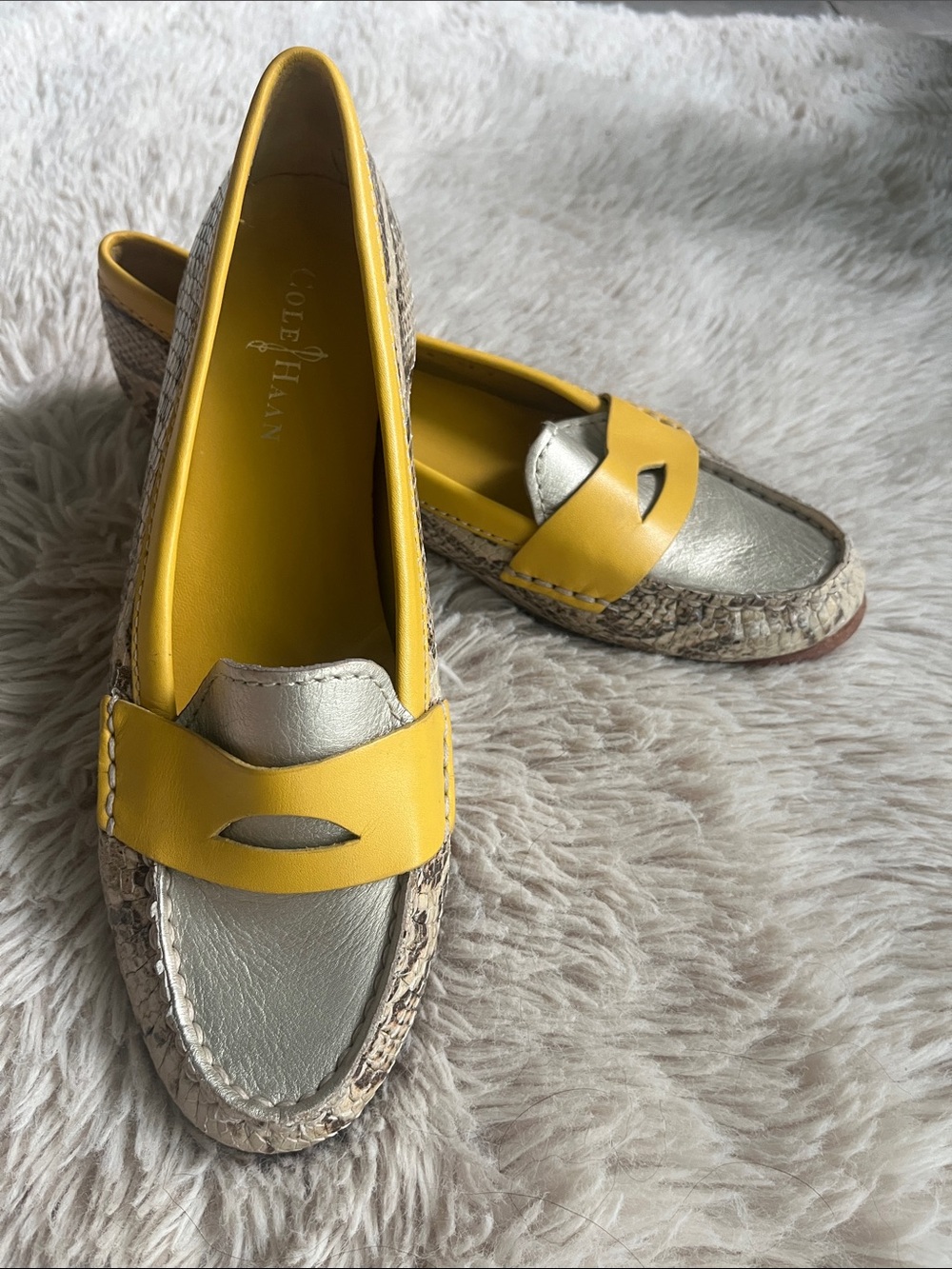 Cole Haan Yellow & Silver Loafers with Woven Neutral Trim